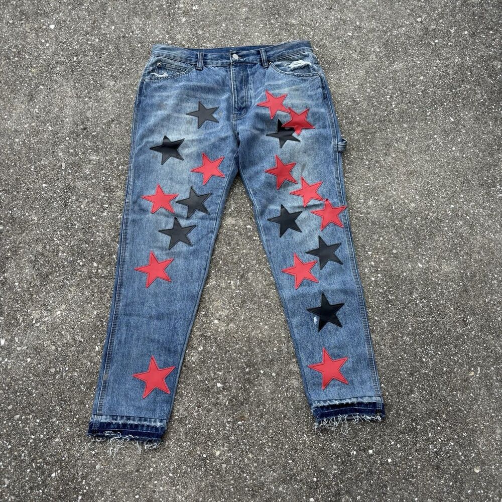 MNML Jeans Mens Size 34 Star Patch Straight Leg Light Blue Distressed Denim